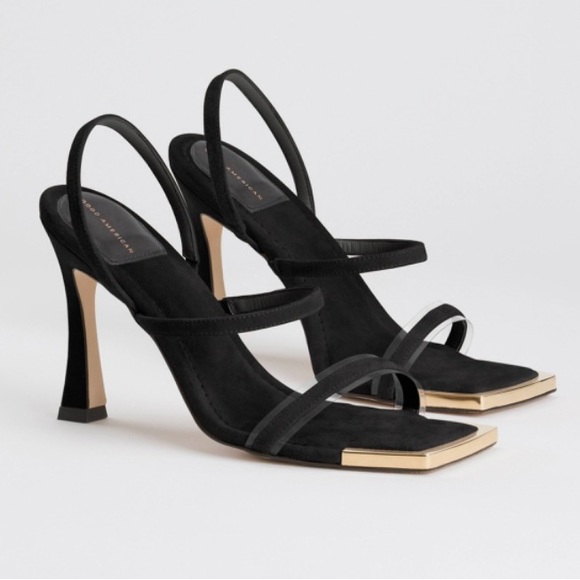 NIB Good American The Standout Square Toe Sandal Heels in Black Suede Size 9 - Picture 4 of 14